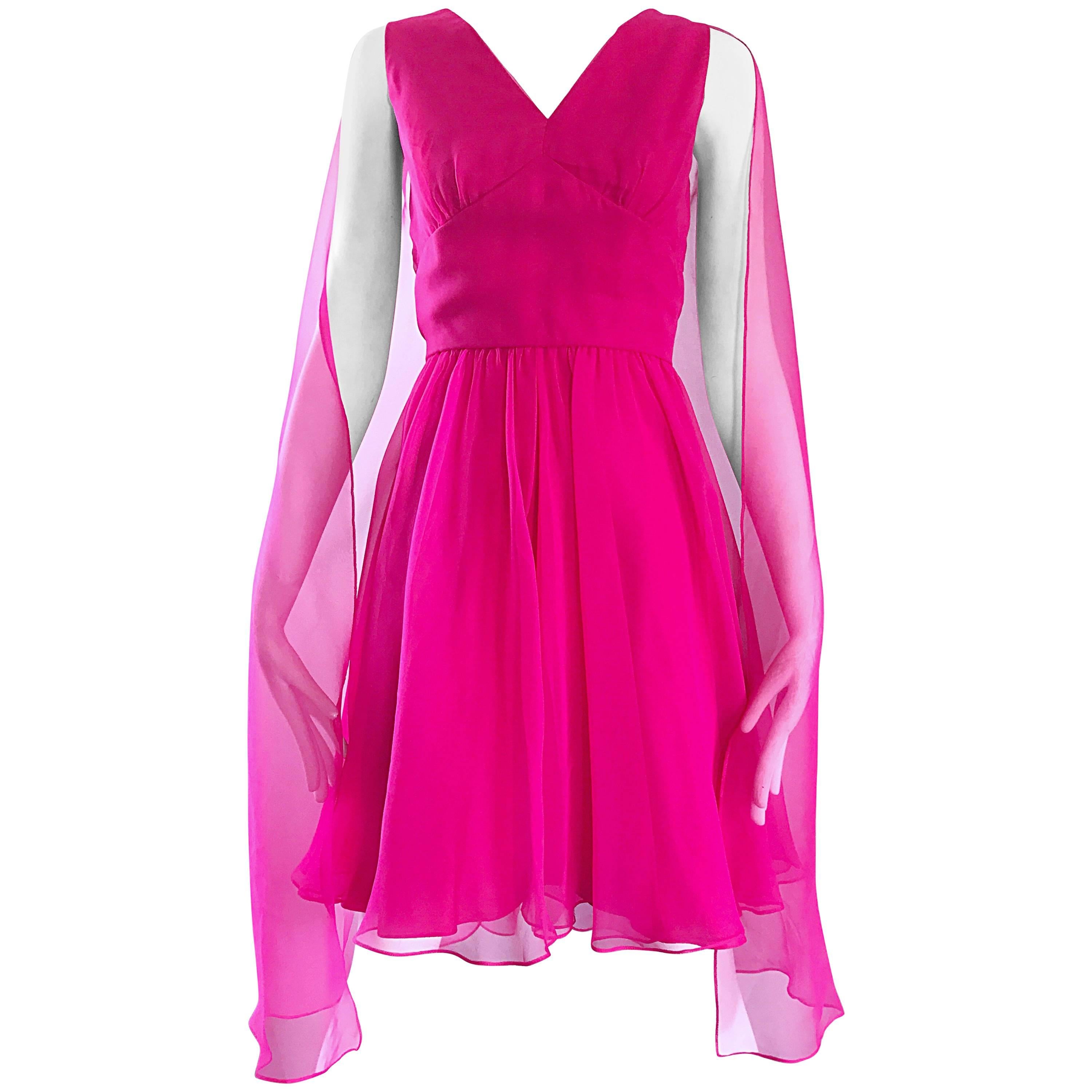 Amazing 1960s Hot Pink Chiffon Sleeveless Vintage 60s Dress w/ Attached Cape 