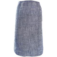 Luciano Barbera 1990s Navy Blue + White Silk + Linen High Waist Pencil Skirt 90s 8