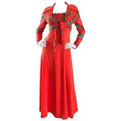 Amazing 1970s Bright Neon Orange Vintage 70s Knit Maxi Dress and Cropped Bolero 6