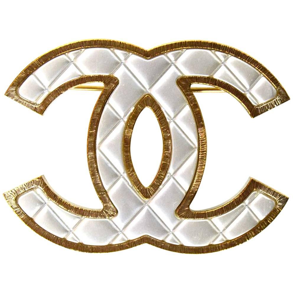 Chanel Silver/Gold Quilted CC Brooch Pin