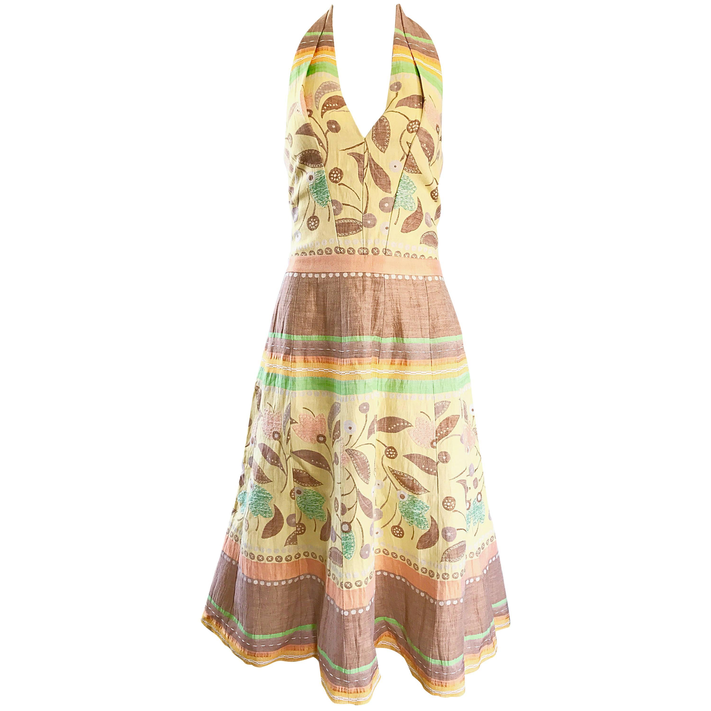 Luca Luca Size 44 US 12 / 14 Embroidered Cotton + Linen Pastel Halter Dress 