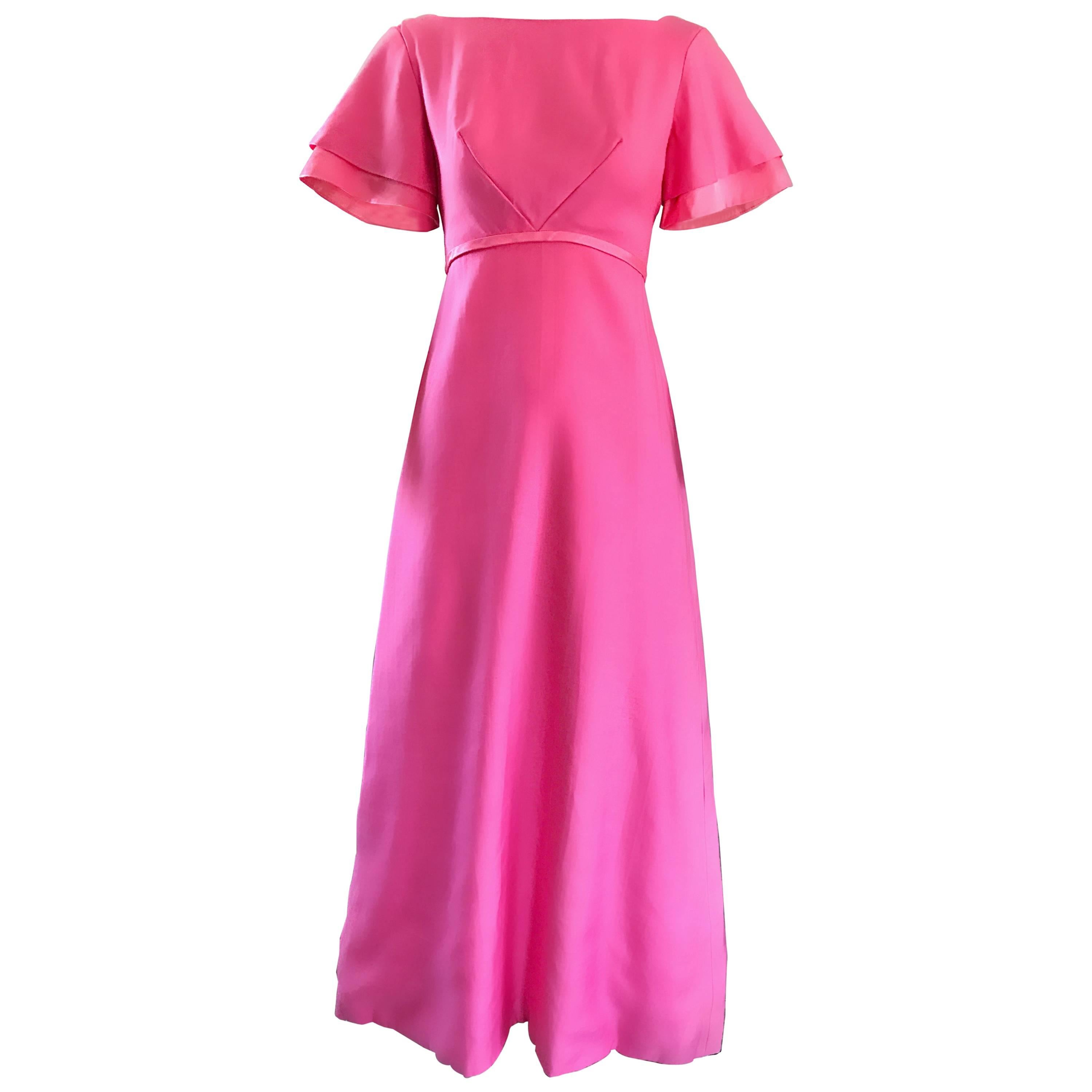 1970s Emma Domb Bubblegum Pink Short Sleeve Vintage 70s Empire Waist Maxi Dress For Sale