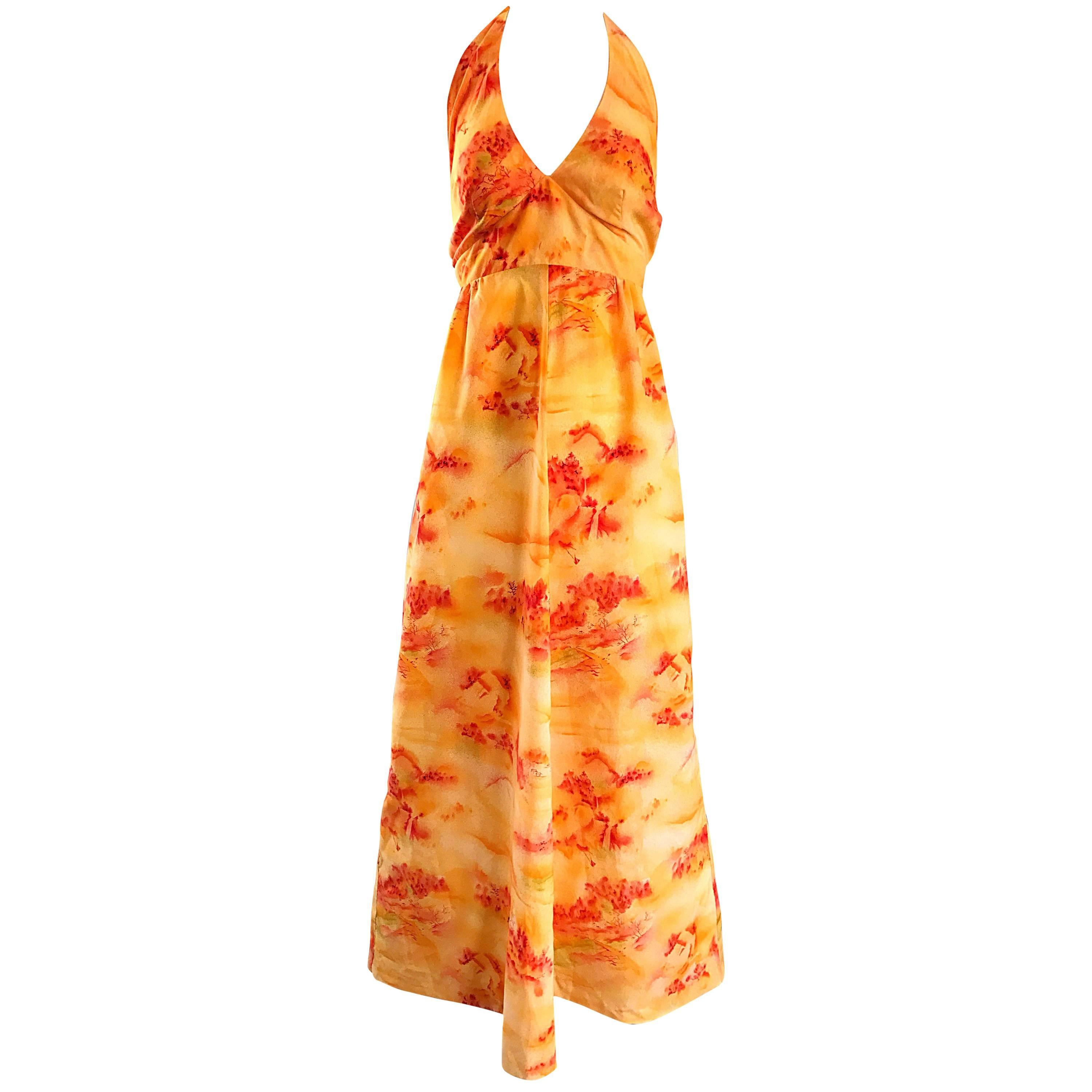 Incredible 1970s Asian Themed Bright Orange Vintage 70s Novelty Maxi Dress  For Sale