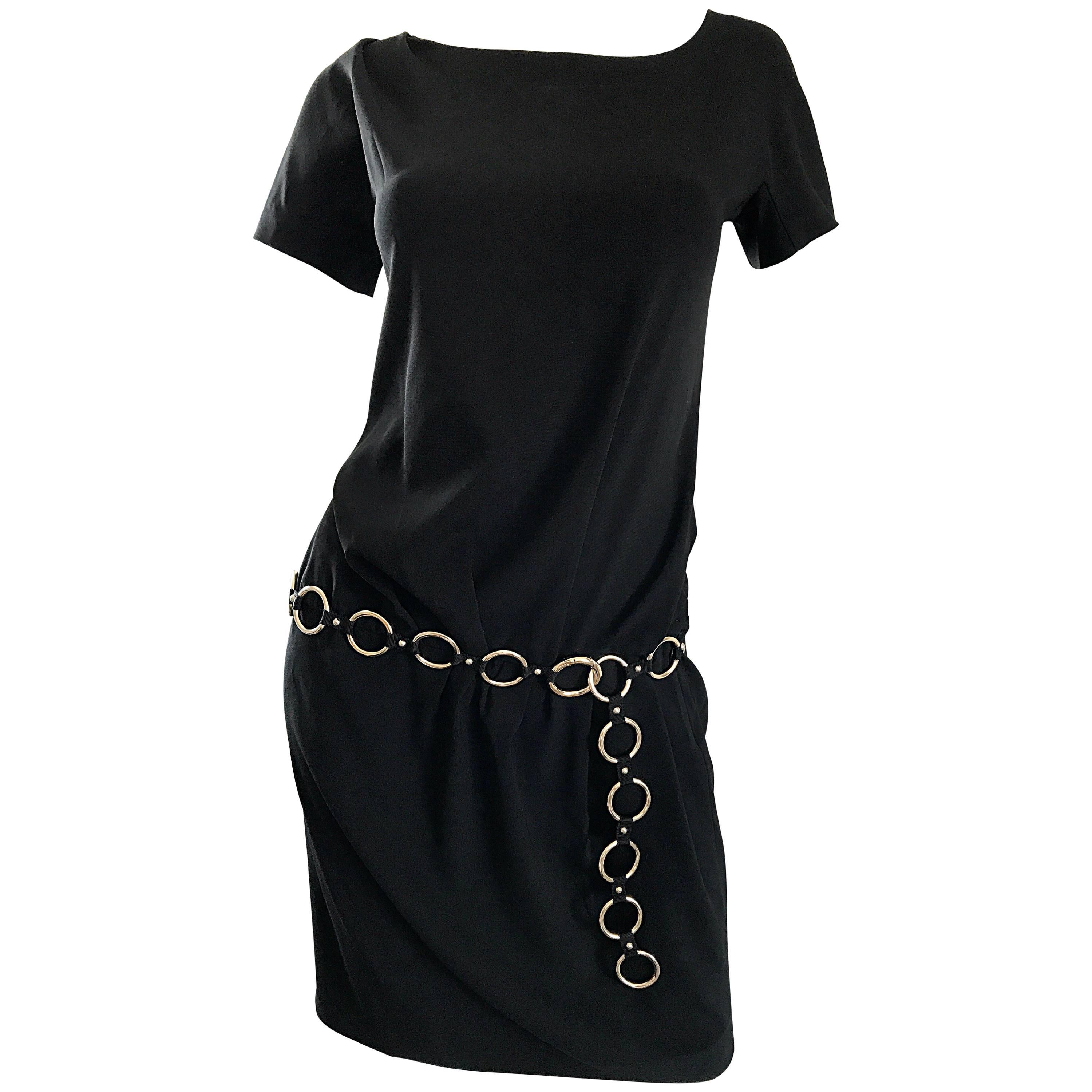 1990s Moschino Cheap & Chic Black Silver Chain Loop Belt Vintage Dress Size 6  For Sale