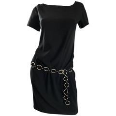 1990s Moschino Cheap & Chic Black Silver Chain Loop Belt Vintage Dress Size 6
