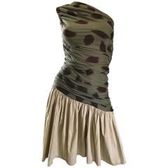 90s Asymmetrical Abstract Leopard One Shoulder Army Green + Khaki Vintage Dress 11