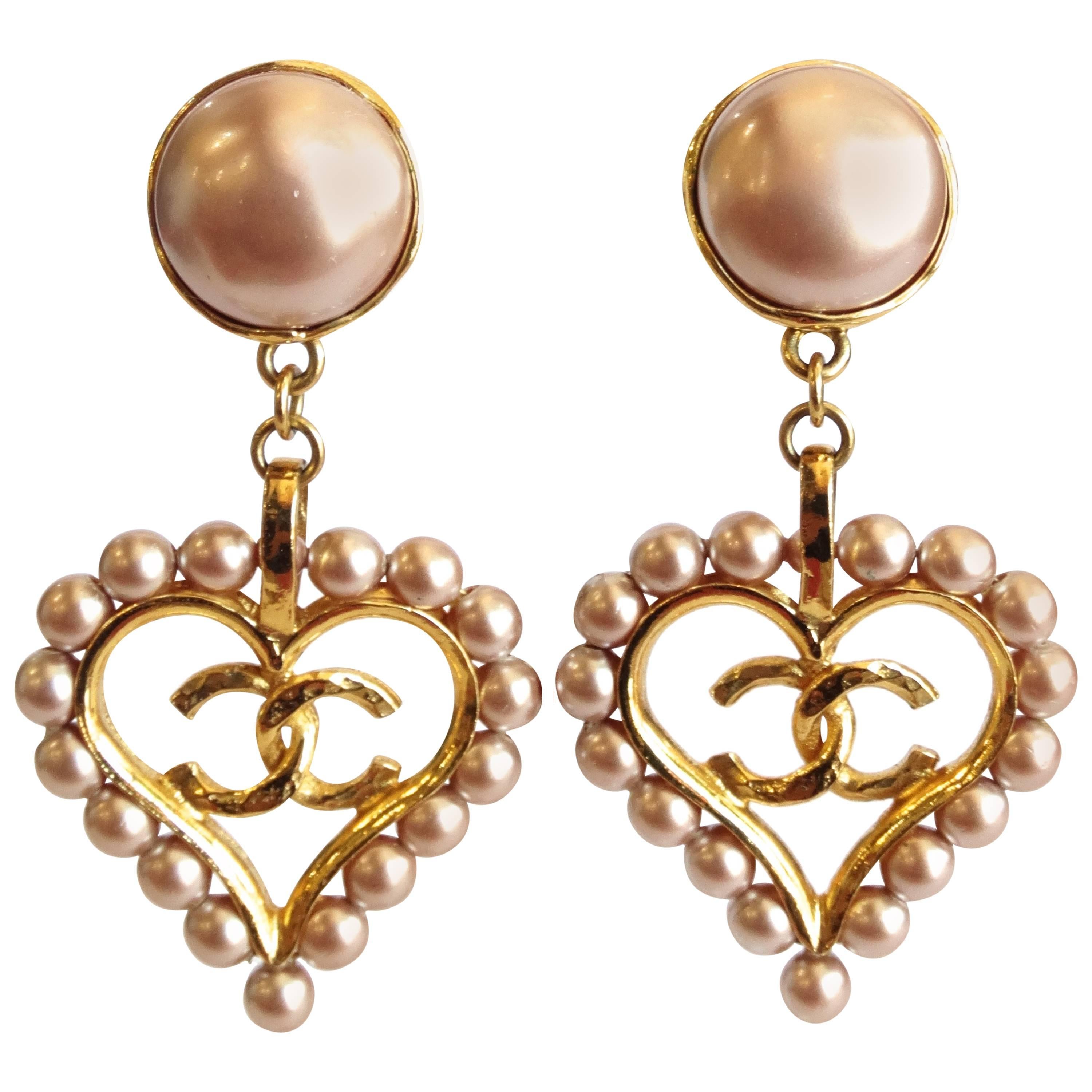 Chic 1990s Chanel Pearl Heart Drop Earrings