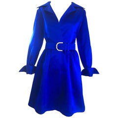 Gorgeous Bill Blass Couture Vintage 1970s Royal Blue Silk Satin Belted 70s Dress