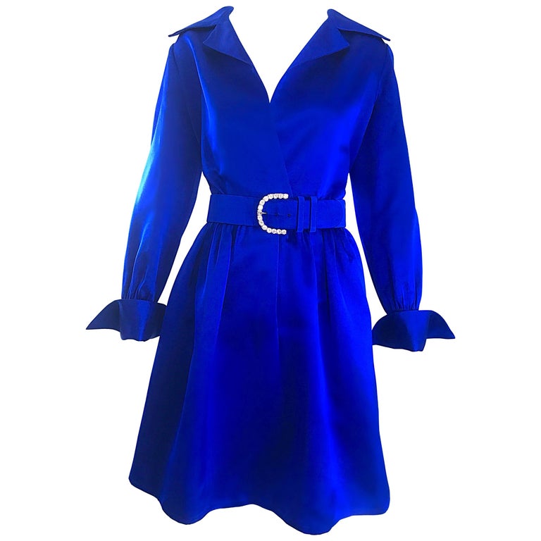 blue dress for baby girl Retro Stage Crew Neck Polka Dots Belt Cap Dress for Women Blue main image 0