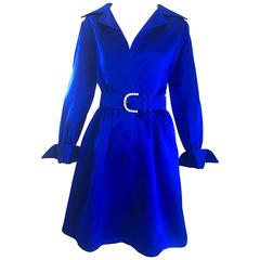 Gorgeous Bill Blass Couture Vintage 1970s Royal Blue Silk Satin Belted 70s Dress 3