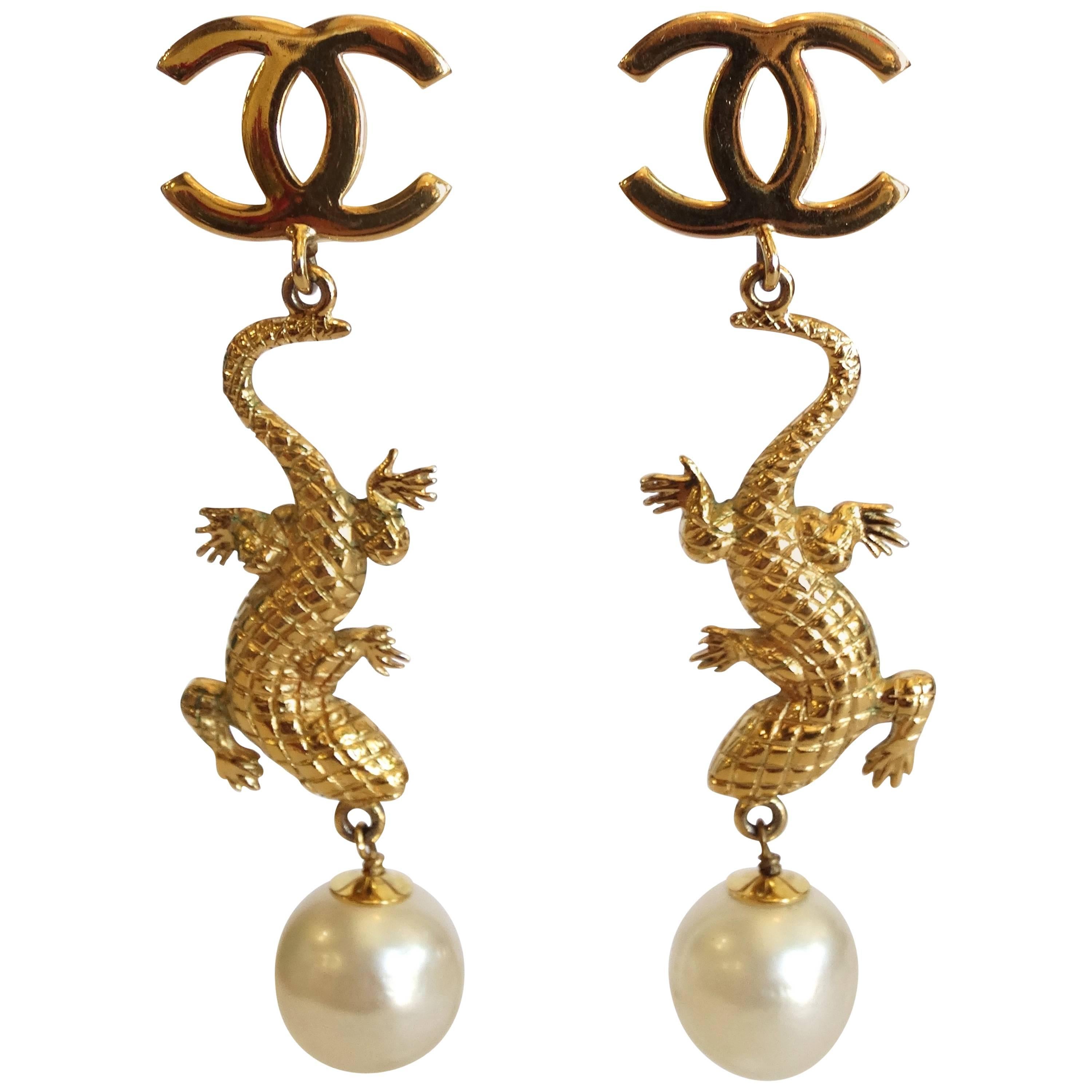Massive 1980s Chanel Lizard Pearl Earrings