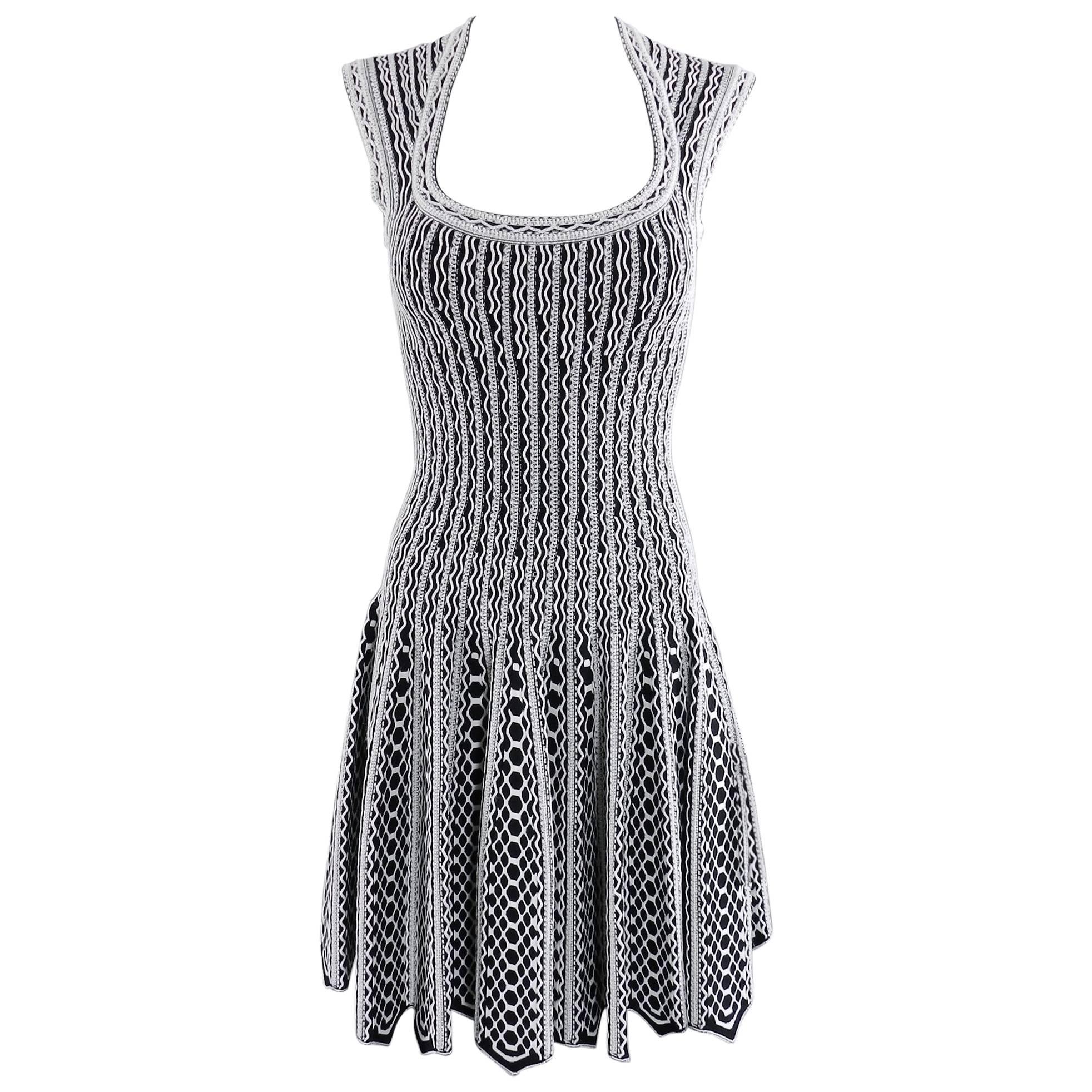 Alaia White and Black Fit and Flare Stretch Knit Dress