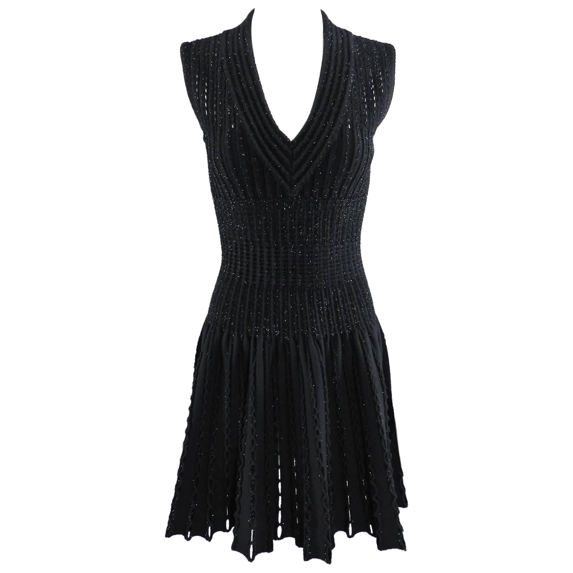 Alaia Black Knit Fit and Flare Cocktail Dress with Shimmer 
