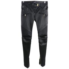 Balmain Black Leather Biker Motorcycle Skinny Jeans / Pants
