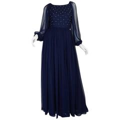 1970s Roberto Capucci Deep Blue Chiffon & Bead Dress 9