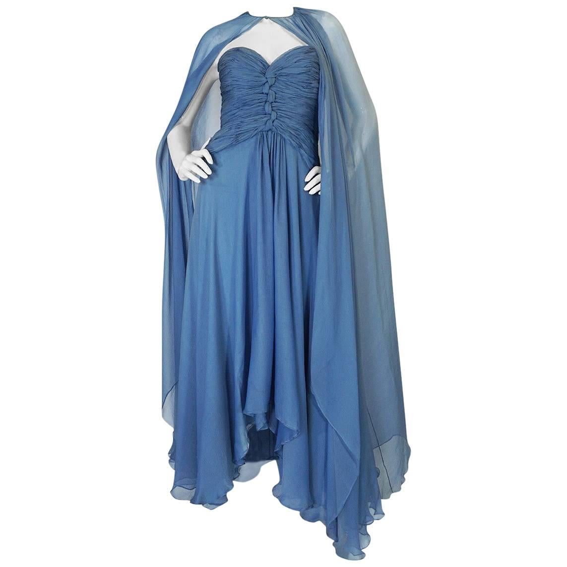 1970s Oscar de la Renta Ice Blue Silk Chiffon Dress & Cape