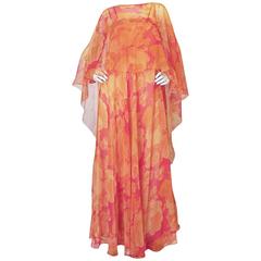 1960s Unlabelled Floral Chiffon Dress with Cape Overlay 10