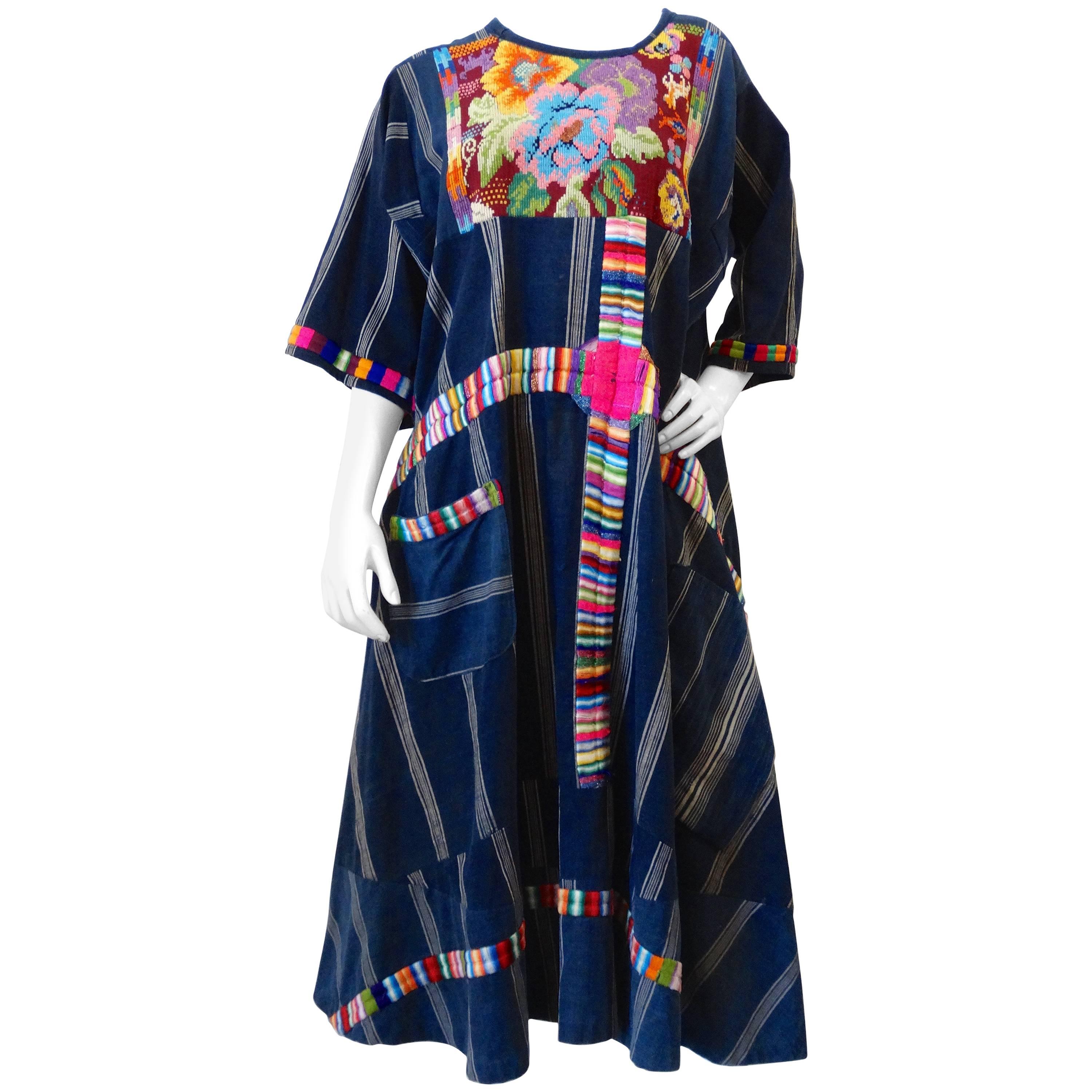 1970s Embroidered Floral Denim Maxi Dress