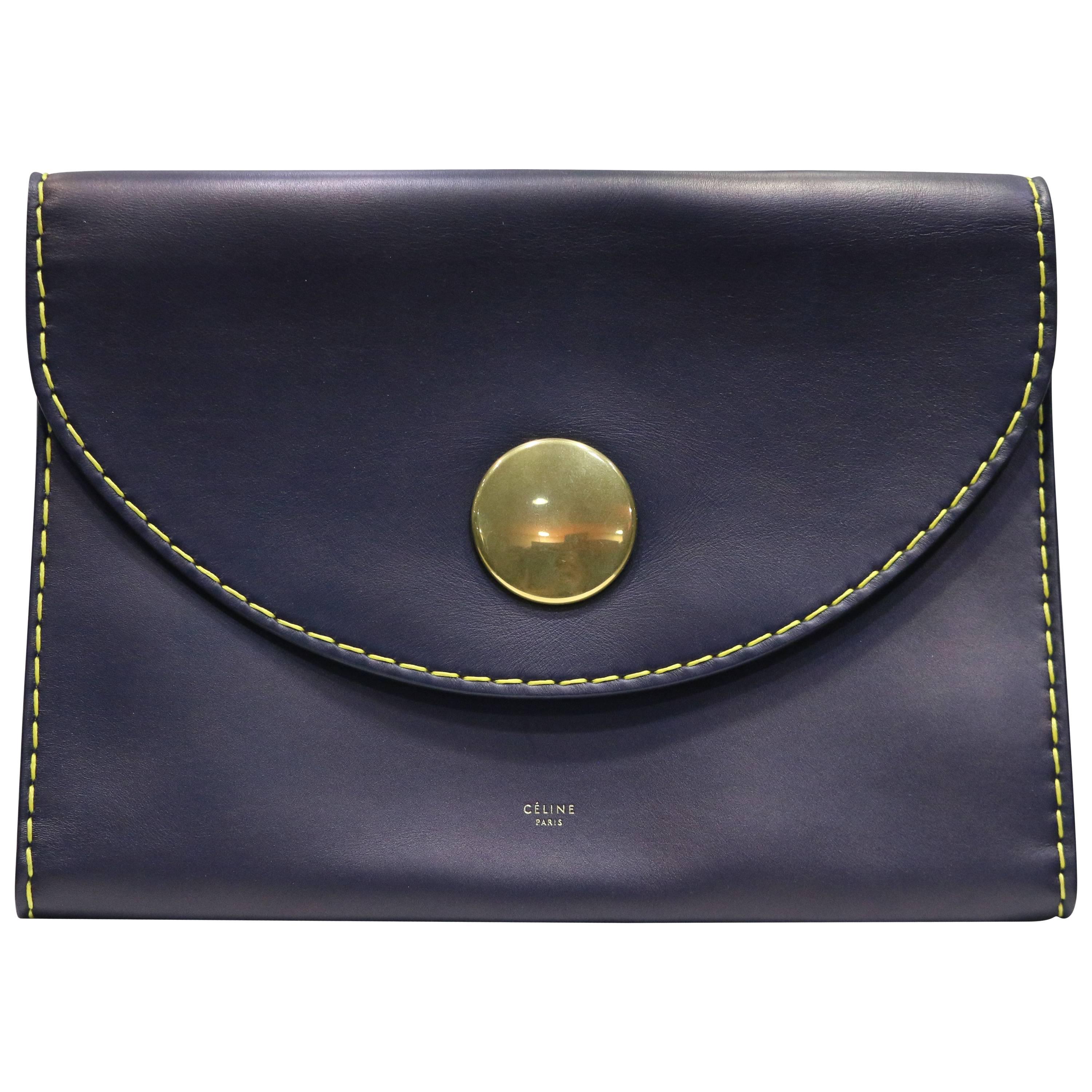 Celine Navy with Yellow Stitched Calfskin Leather Flap Clutch 