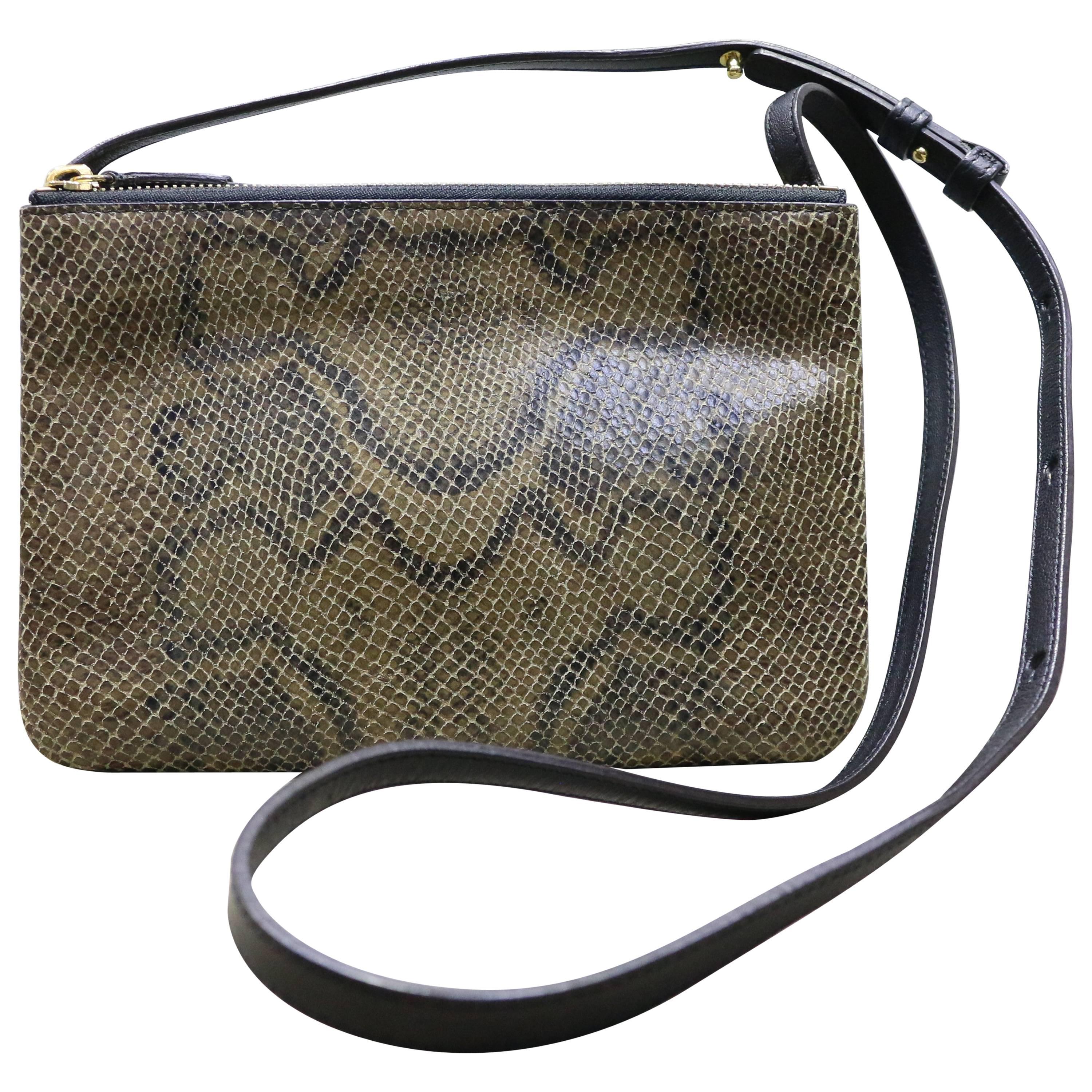 Celine Mini Trio Embossed Python and Black Leather Pouches with Strap 
