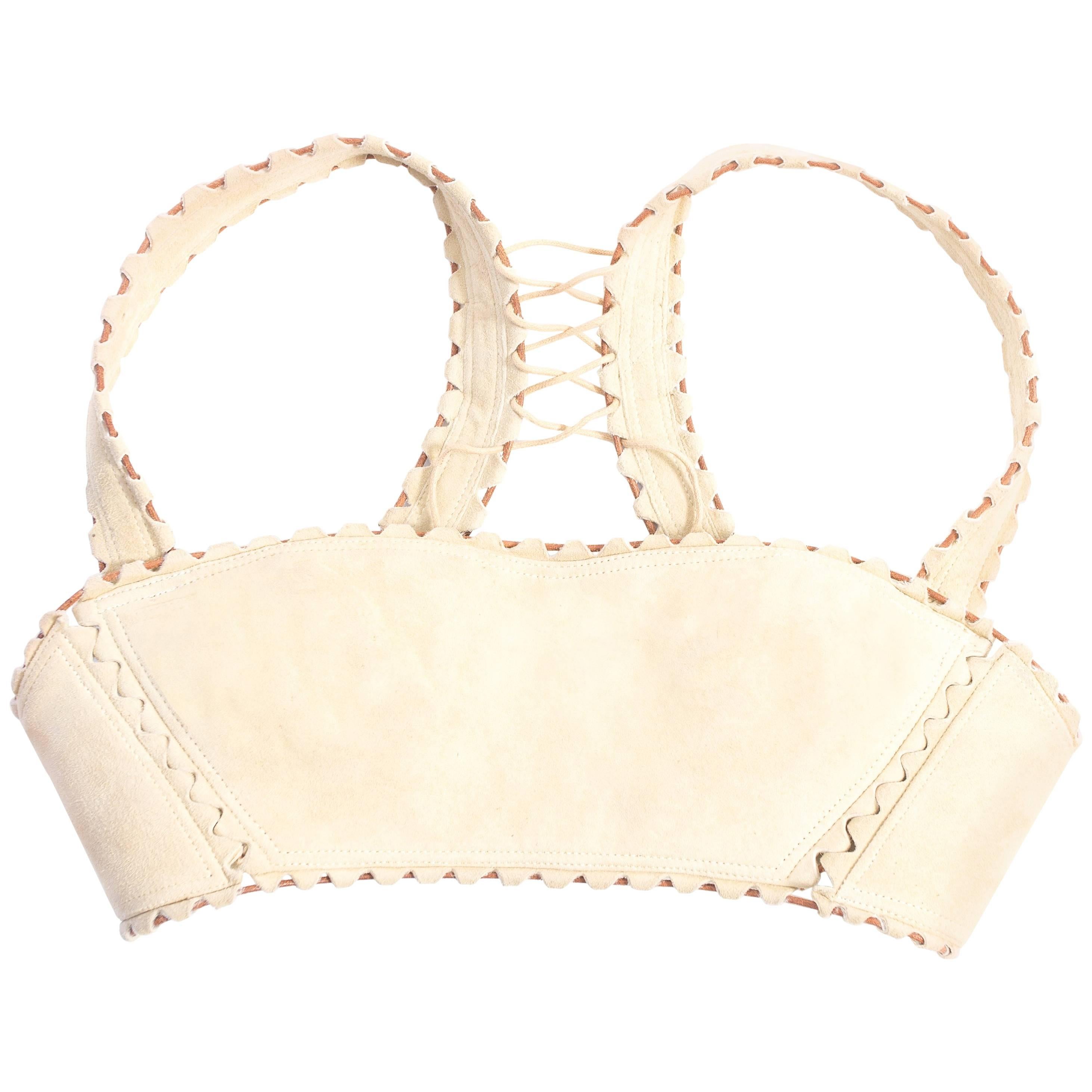 Alaia Spring-Summer 1992 cream suede lace up bra