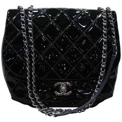 Chanel Black Quilted Patent Leather Flap Bag with Silver Chain Leather Strap