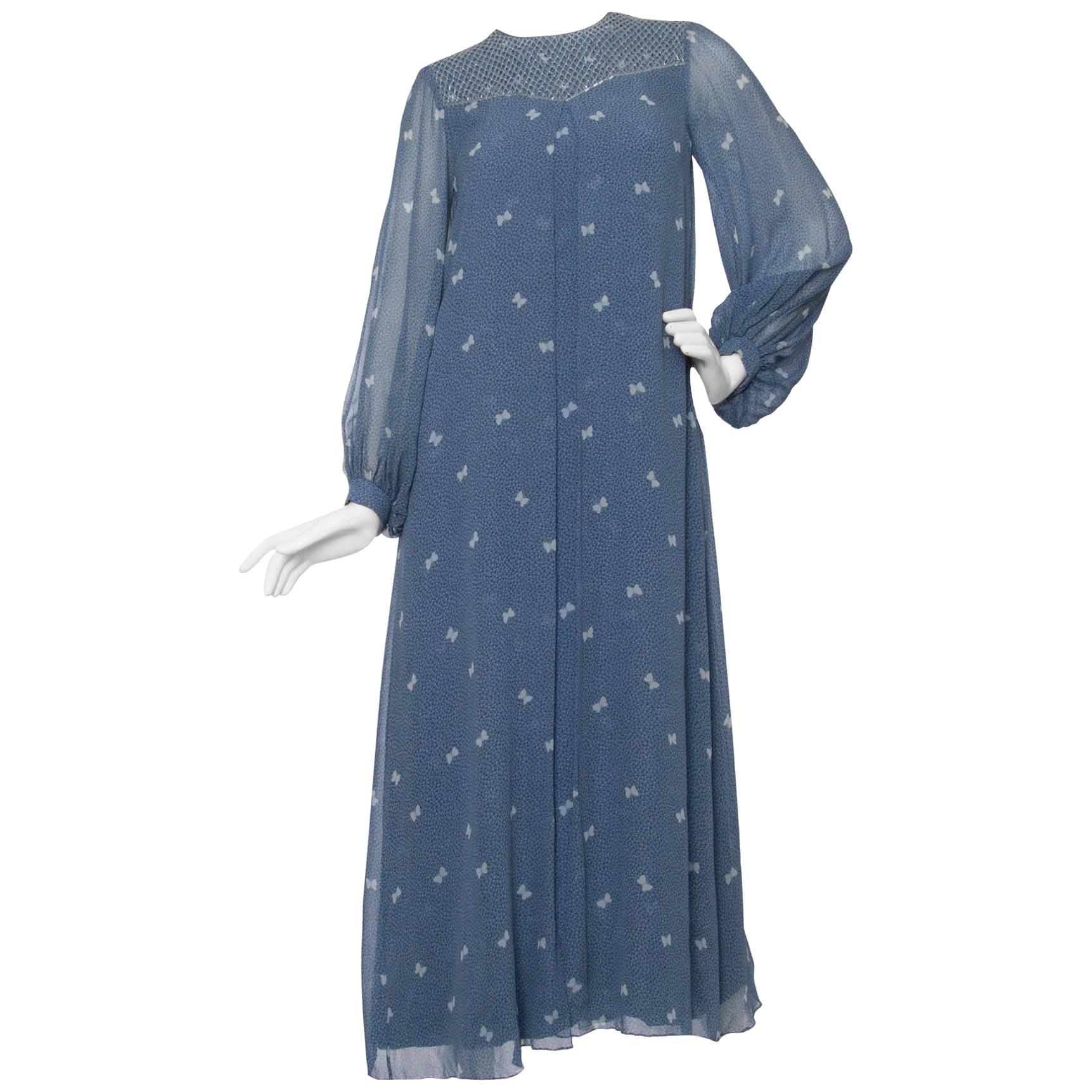 A 1970s Hanae Mori Blue Silk Dress w. Butterfly Print