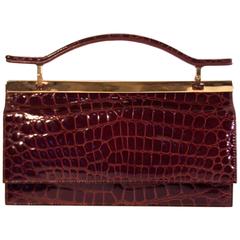 C.1990 Italian Burgundy Brown Alligator Handbag With Pagoda Handle