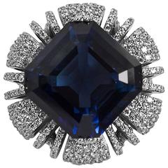 20 Carat Faux Square Kashmir Color Sapphire Cushion of Pave Faux Diamonds Ring 4
