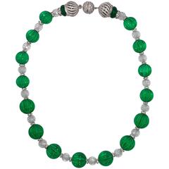 Superb Faux Carved 20mm Emerald Bead and Faux Diamond Briolette Bead Necklace 2