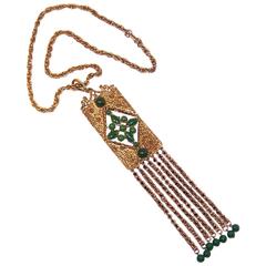 Vintage C.1970 Brutalist Medallion Necklace With Faux Jade Green Stones