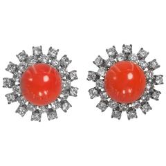 Chic Large Faux Cabochon Coral Diamond Earclips 11