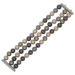 Fabulous Wide Three Strand Faux Tahitian Pearl Diamond Cuff Bracelet 8