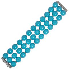 Fabulous Wide Three Strand Faux Turquoise Diamond Cuff Bracelet