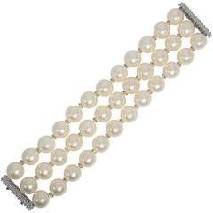 Fabulous Wide Three Strand Faux Pearl Diamond Cuff Bracelet 12