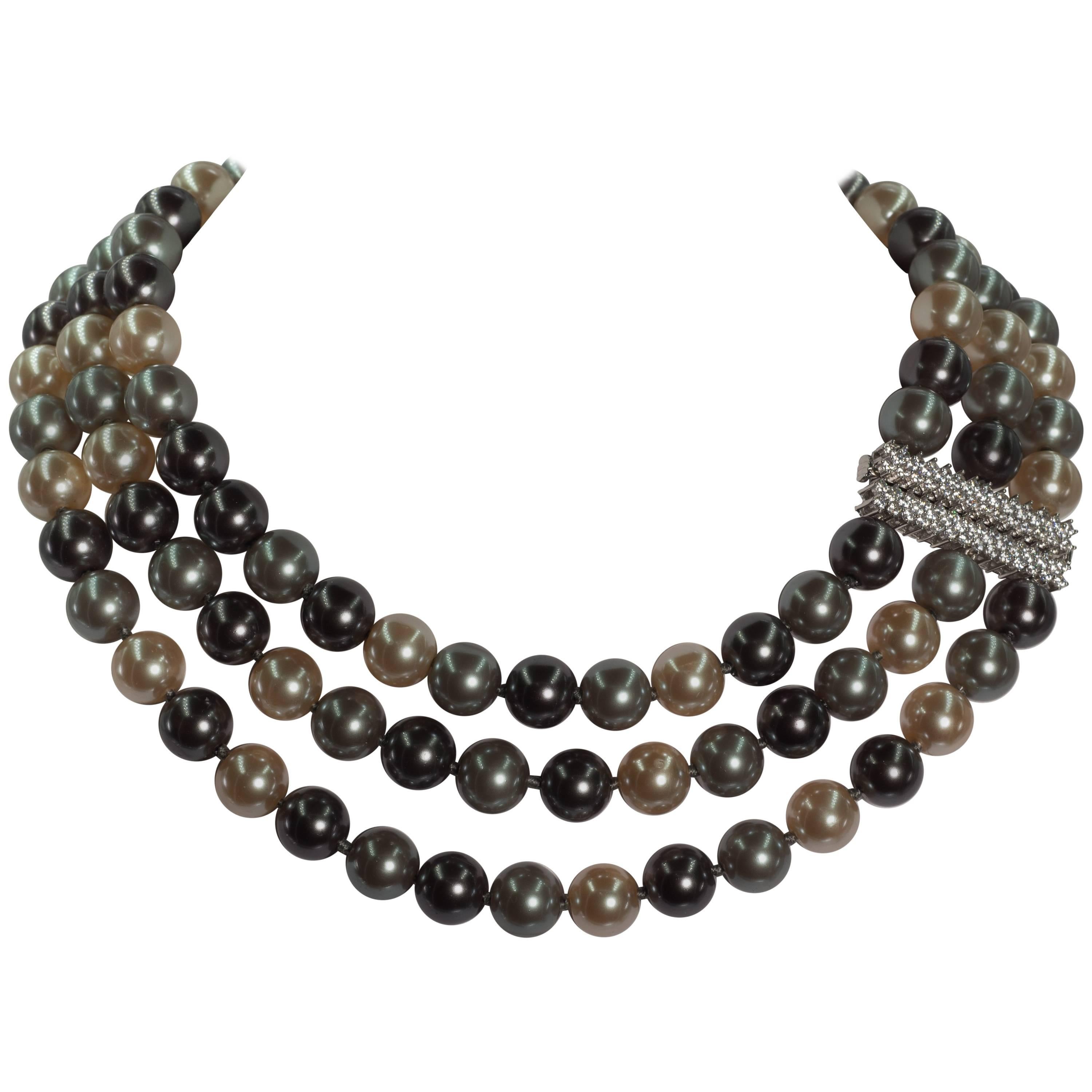 Three Strand Faux Tahitian Pearl Cubic Zirconia Necklace