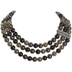 Fabulous Wide Three Strand Tahitian Pearl Diamond Necklace 9