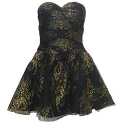 Vicky Tiel Couture Black Lace Strapless Mini Dress with Gold Floral Pattern 2