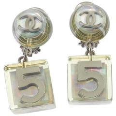 Chanel Rare Vintage Silver Clear Lucite No 5 Charm Cube Dangle Earrings in Box