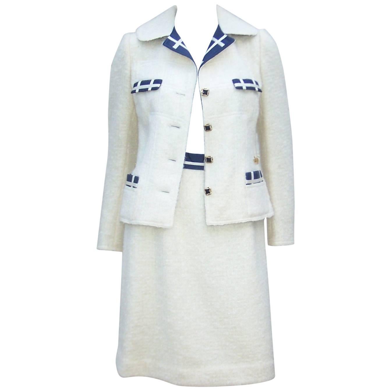 Nautically Inspired 1970's Neiman Marcus Blue & White French Wool Boucle Suit