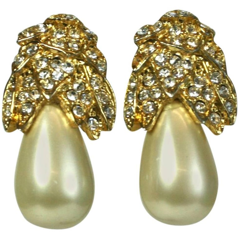 Kenneth Jay Lane Pearl Pear Ear Clips For Sale at 1stDibs