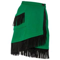 An 80s Yves Saint Laurent Bright Green Fringed Wrap Skirt 1