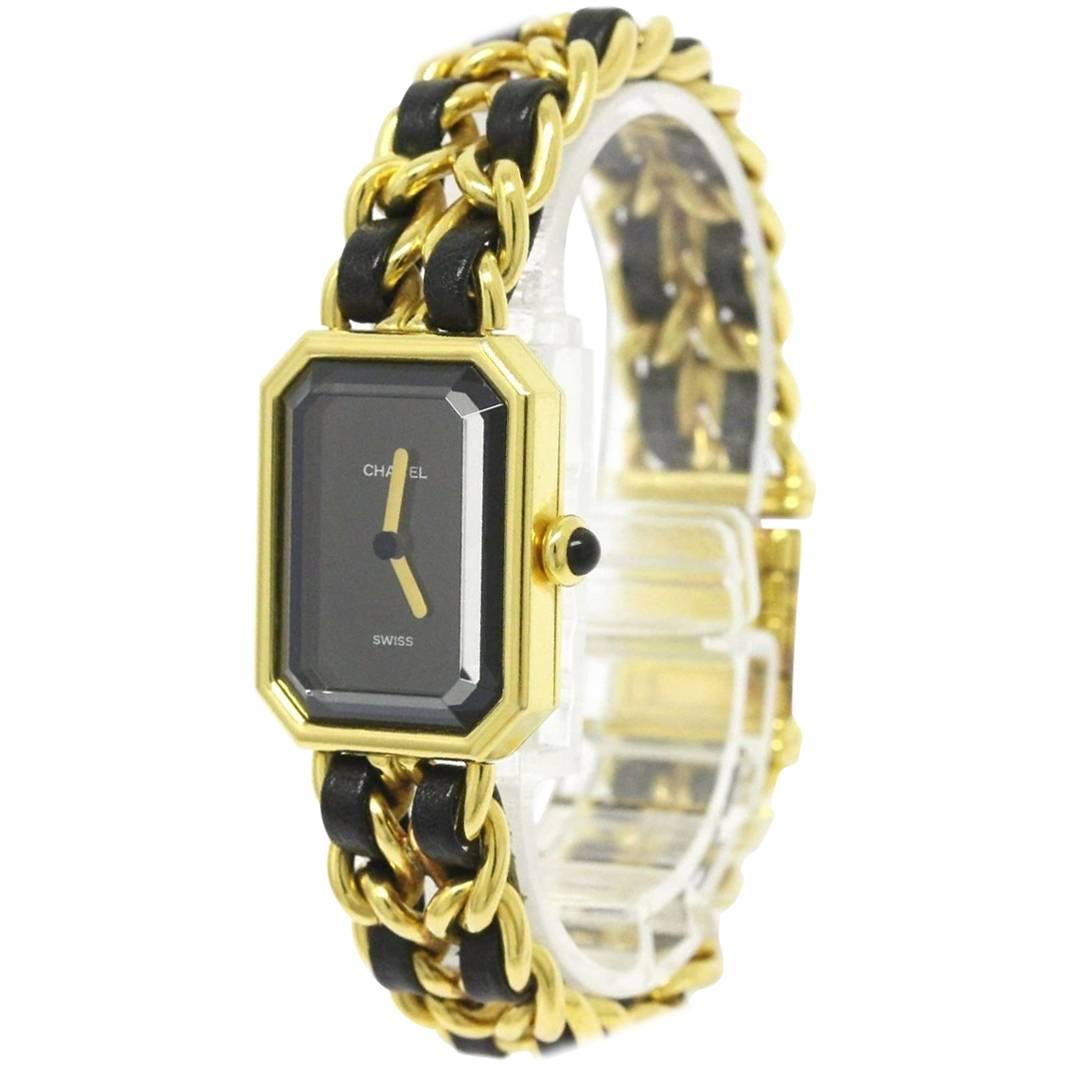 Chanel Vintage Black Gold Leather Chain Link Evening Cuff Bracelet Dress Watch