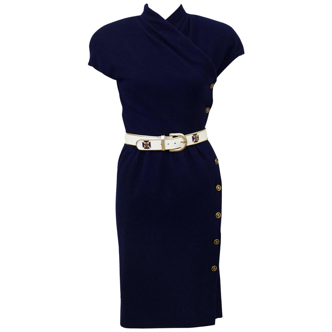 1980's Carolyne Roehm Navy Blue Wool Dress with Belt For Sale