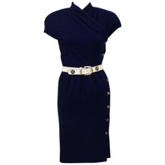 1980's Carolyne Roehm Navy Blue Wool Dress with Belt