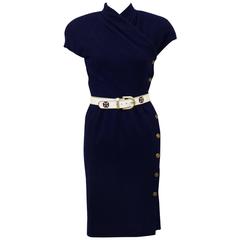 1980's Carolyne Roehm Navy Blue Wool Dress with Belt 10