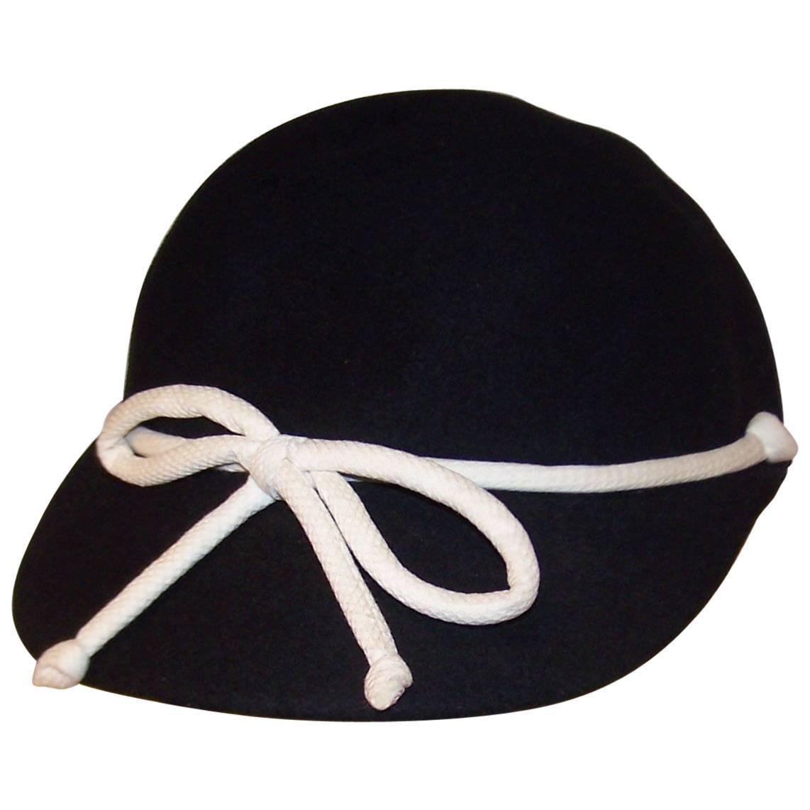 C.1960 Henry Pollak Black Wool & White Pique Cap Style Hat