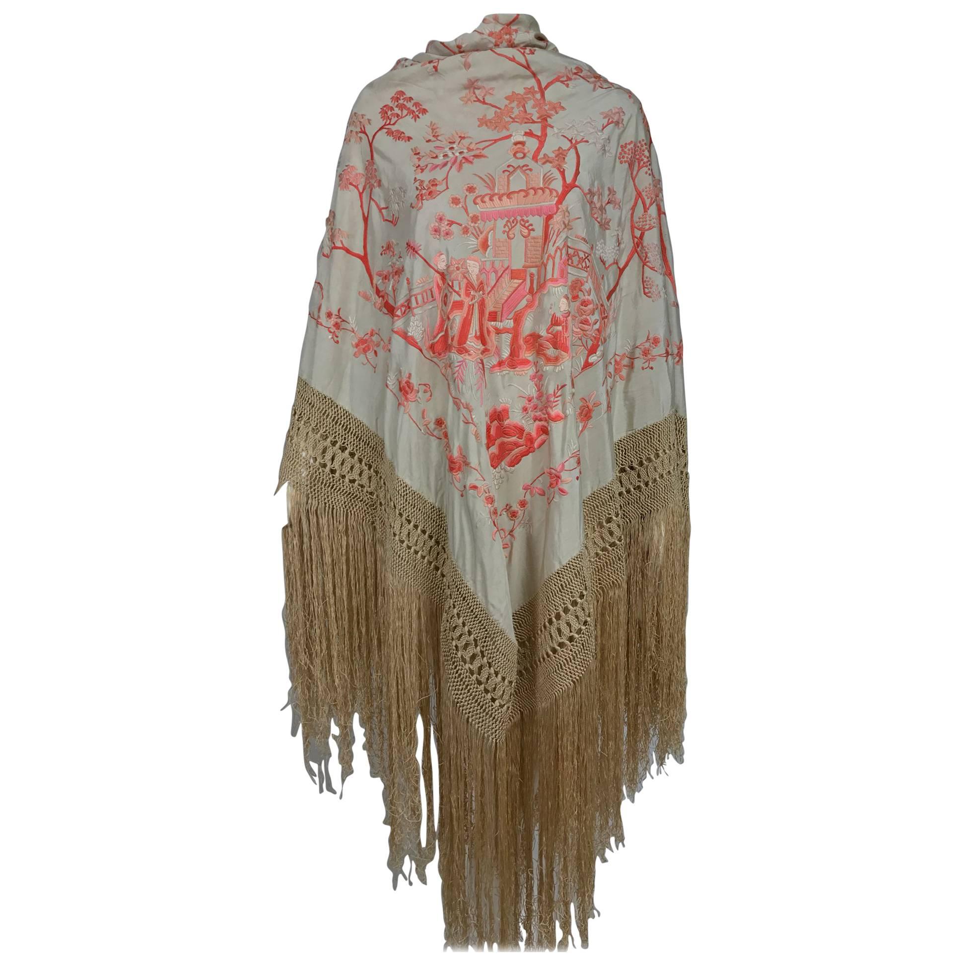 1920s Canton silk embroidered shawl in coral and cream 