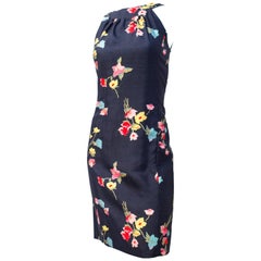 Vintage 60s Navy Bouquet Halter Dress