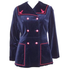 Retro 1960's Blue Velveteen Sailor Jacket With Red Trim